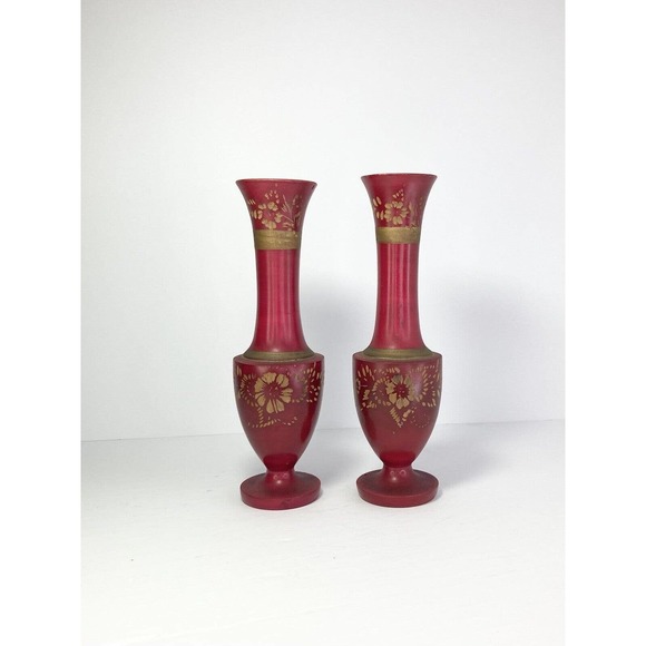 2 Matching Handmade & Painted Red Wooden Vases w/Applied Gold Floral Motif 10.5” - Picture 2 of 8